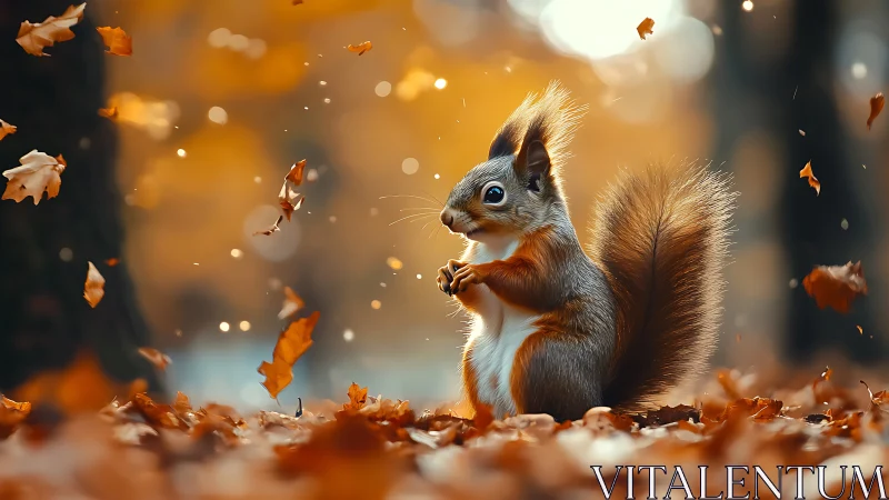Red squirrel in autumn leaf fall with soft forest background.