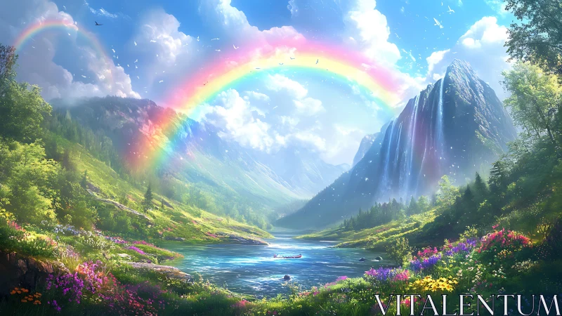 Spectral arc over alpine valley with cascades and luminous florals