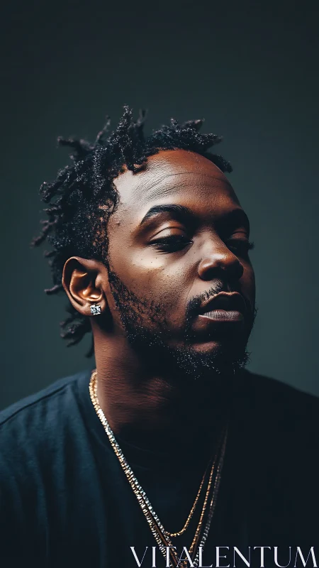 Male subject in low key studio portrait with jewelry detail.