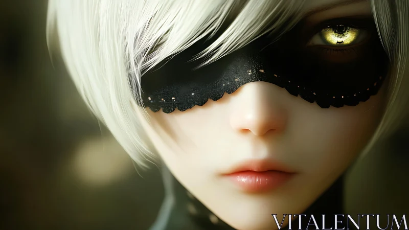 Masked anime girl closeup with pale hair and yellow eye.