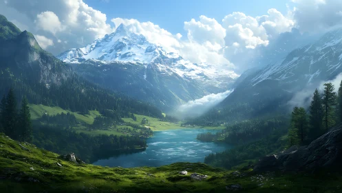 Snowcapped mountain valley above turquoise alpine lake.