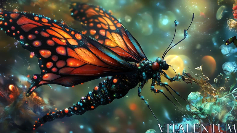Bioluminescent butterfly rendered in hyper-detailed fantasy macro