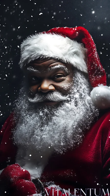 Portrait of Santa figure in snowfall with red suit detail.