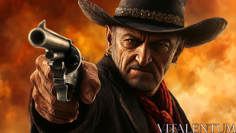 Weathered gunslinger carves silence through blazing desert air