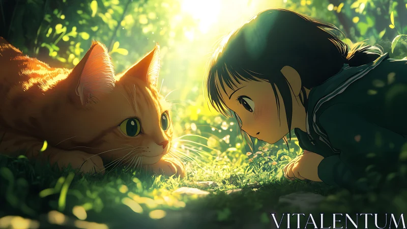 Girl and orange cat lie face to face in bright forest light