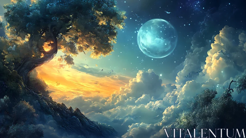 Fantasy night sky with glowing moon and cliffside tree.