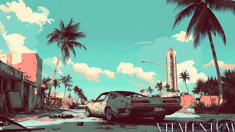 Deserted tropical street with wrecked car and towers.
