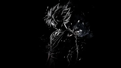 Monochrome warrior silhouette with dynamic energy aura.