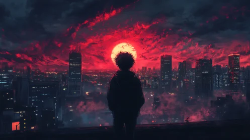 Silhouetted figure observes illuminated city beneath red sun