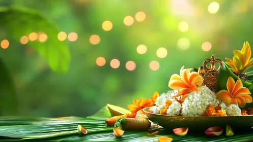 Floral offering tableau with bokeh-lit tropical depth field.