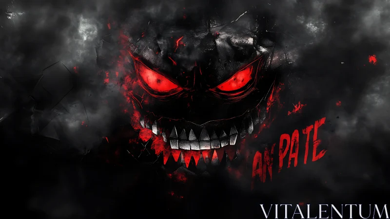 Volumetric smoke revealing a jagged neon-red demonic grin.