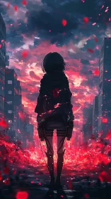 Silhouetted figure in gear facing red-lit urban skyline.