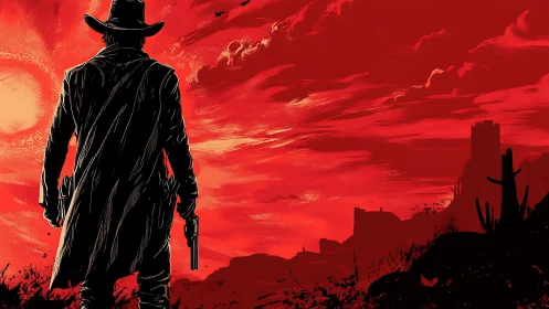 Gunslinger silhouette against crimson desert sky at sunset.