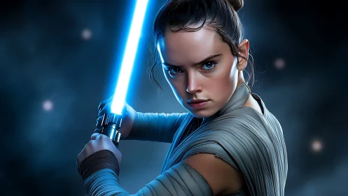 Determined sci-fi warrior wielding glowing blue energy blade.