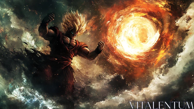 Blazing warrior rises against a swirling cosmic firestorm.