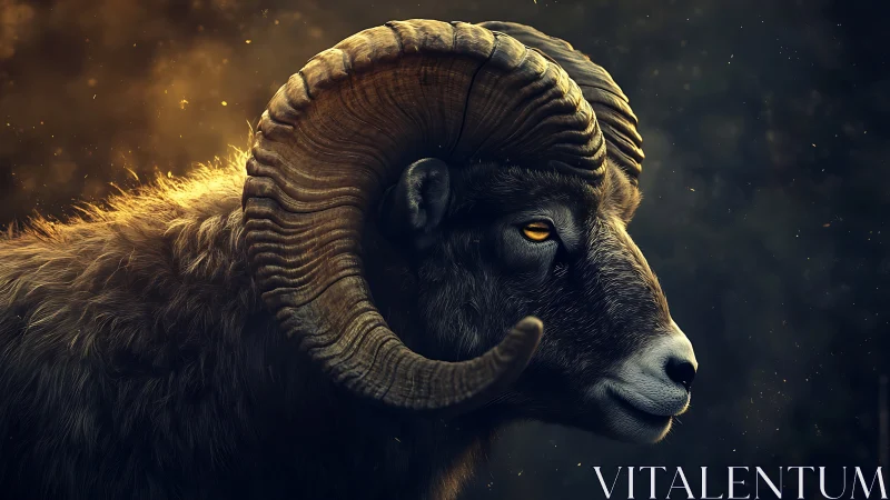 Side profile of horned wild sheep against dark backdrop.