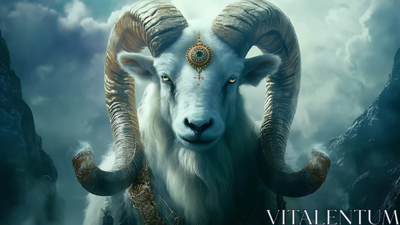Mythic horned ram emerges from misty stormlit mountains