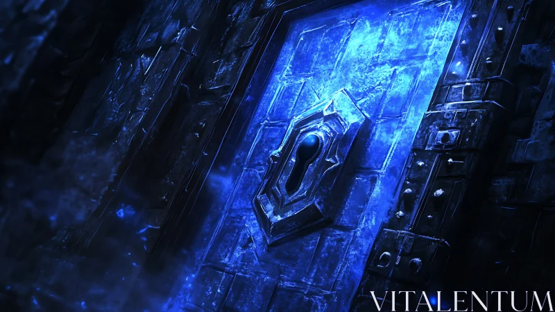 Ancient frozen vault door with glowing blue keyhole portal.