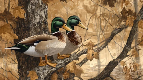Mallard duet balances on autumn branches above quiet water
