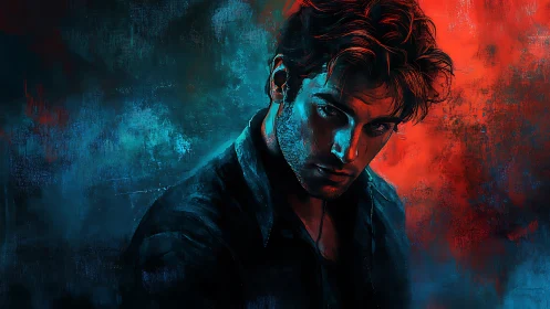 Moody male portrait rendered indual red and cyan rim lighting
