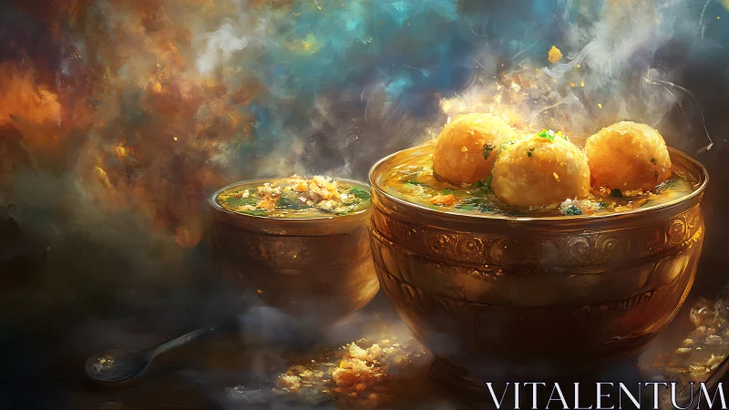 Golden soup bowls cradling steaming, comforting dumplings.