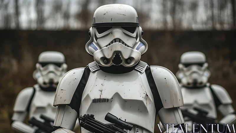 Photorealistic armored troopers in shallow-depth formation study.