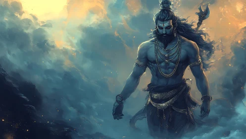 Storm-forged deity strides through molten dusk clouds.