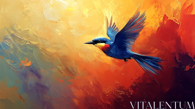 Brilliant blue bird soars gracefully through glowing sunset light