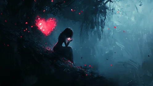 Solitary girl with glowing heart in misty blue forest night.