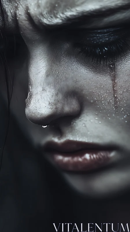 Tearstreaked face holds downward gaze under cold light