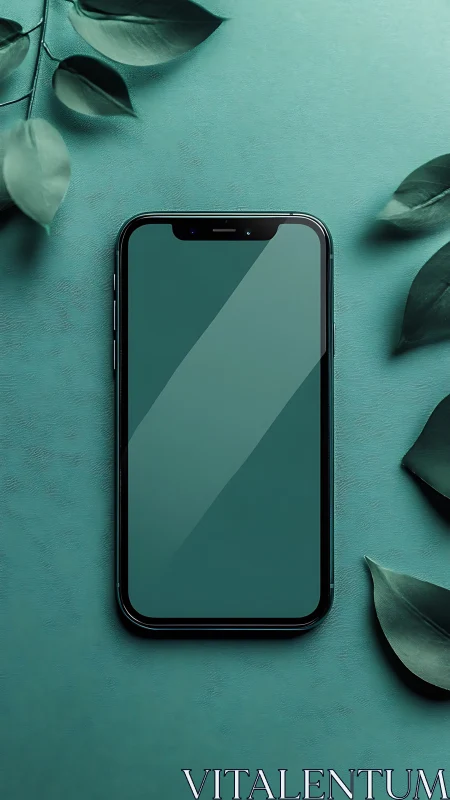 Dark smartphone centered on mint textured background.