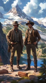 Frontier cowboys survey alpine canyon under towering peak.