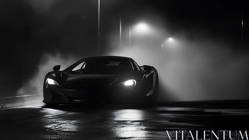 Low key sports car on wet night road with backlit fog.