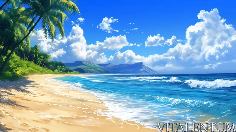 Tropical Beach Paradise with Mountain Vista.