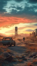 Lone wanderer crossing abandoned highway at sunset.