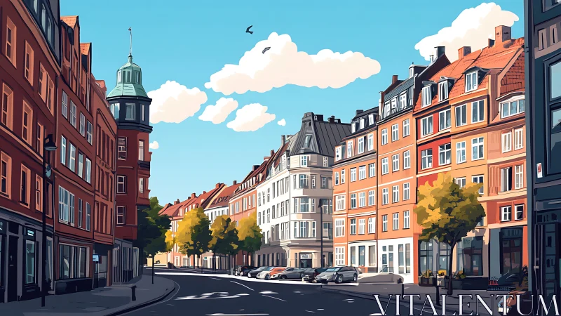 Colorful European street with sunlit townhouses and trees.