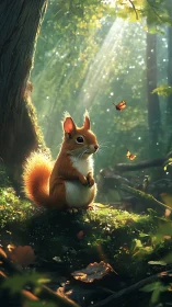 Gentle forest squirrel watching sunlight dance with butterflies.