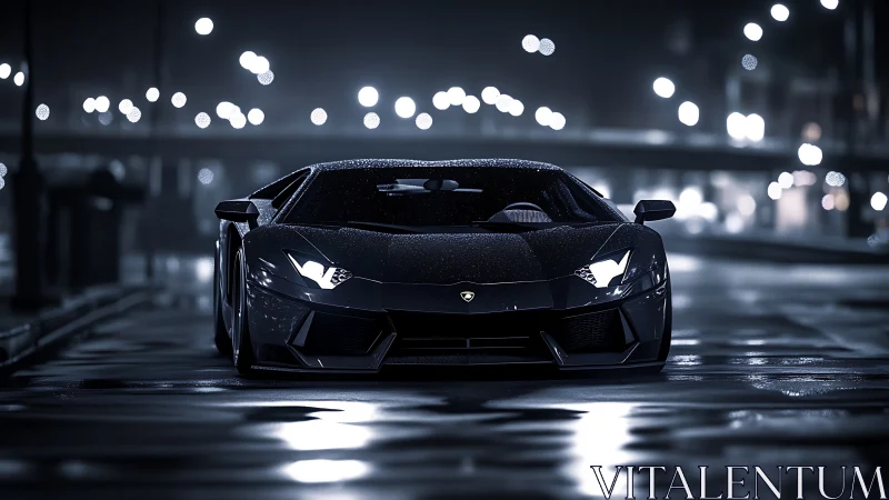 Midnight supercar on rain-slicked urban boulevard.