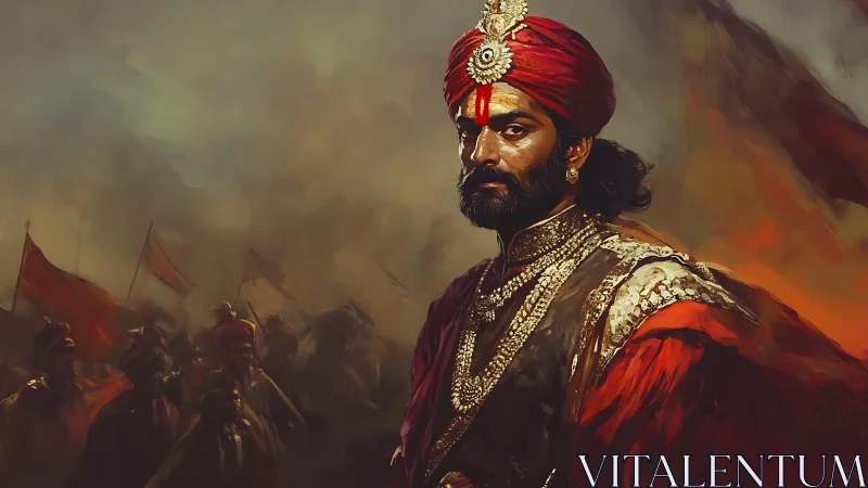 Historic warrior leader in red turban before battle scene.