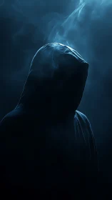 Shrouded hooded figure in blue smoke and dramatic backlight.