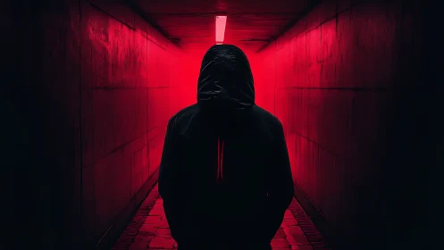Hooded silhouette in red neon tunnel at night.