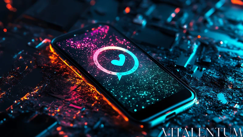 Neon smartphone heart icon glows amid futuristic circuit board