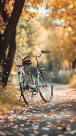 Bicycle on tree-lined autumn path with fallen leaves.