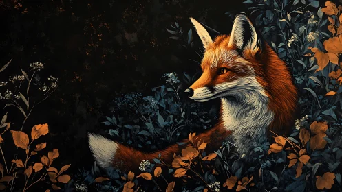 Luminous red fox rendered amid duotone botanical foliage.