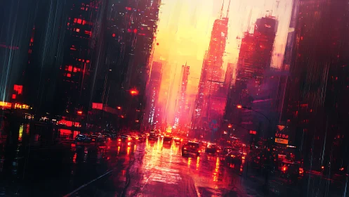 Rain soaked city street shows dense traffic at neon sunset