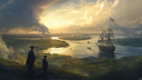 Sunlit warship glides toward a smoking revolutionary shoreline