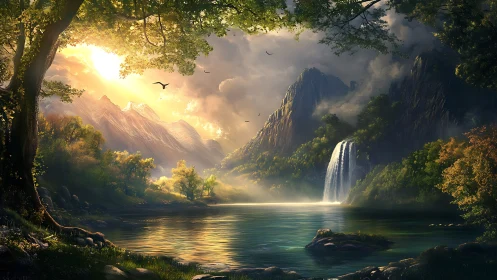 Mountain lake landscape with waterfall under low sunlight.