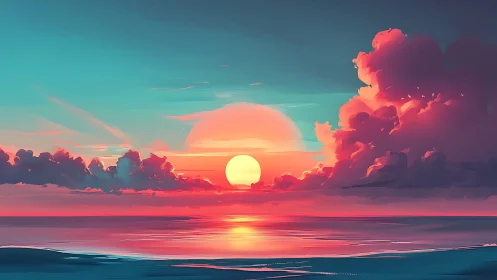 Cotton candy clouds orbiting a neon kissed horizon sun.