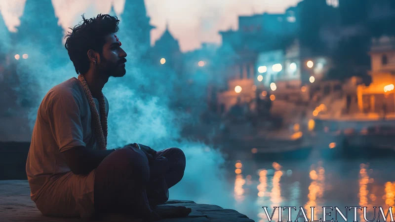 Soft evening meditation by the riverside glows with calm light