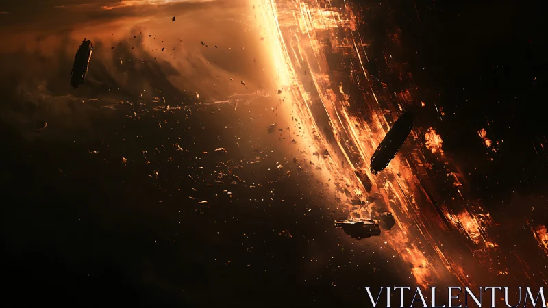 Starships circle a dying world in molten orbital ruin.